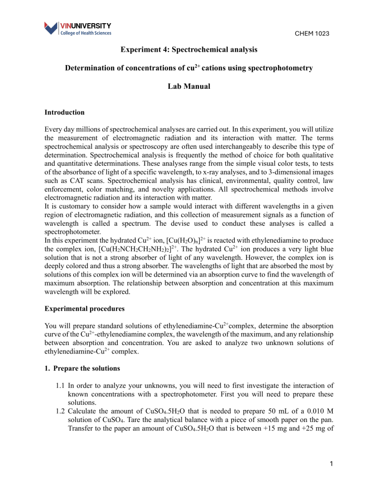 CHEM 1023 Lab Manual: Spectrochemical Analysis of Cu2+