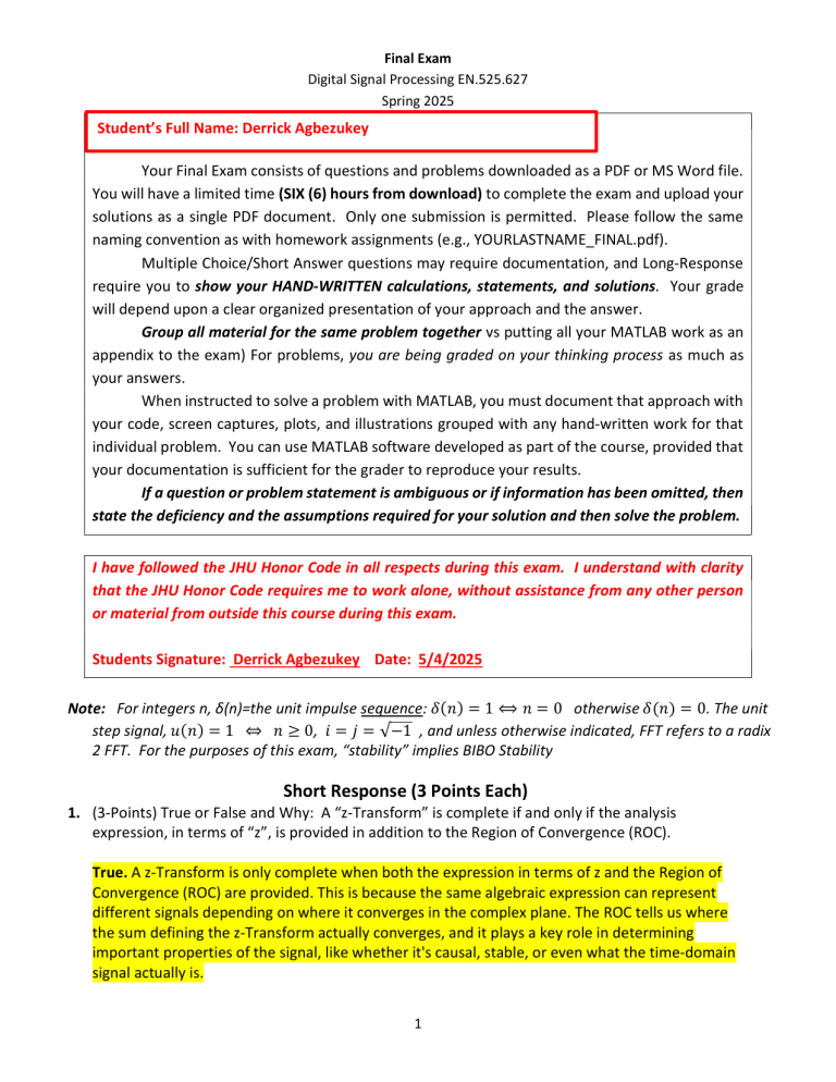Digital Signal Processing Final Exam EN.525.627 Spring 2025