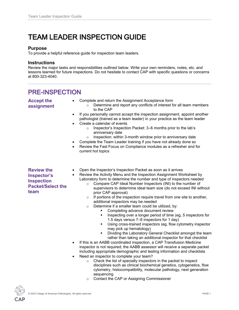 Team Leader Inspection Guide: CAP Laboratory Accreditation