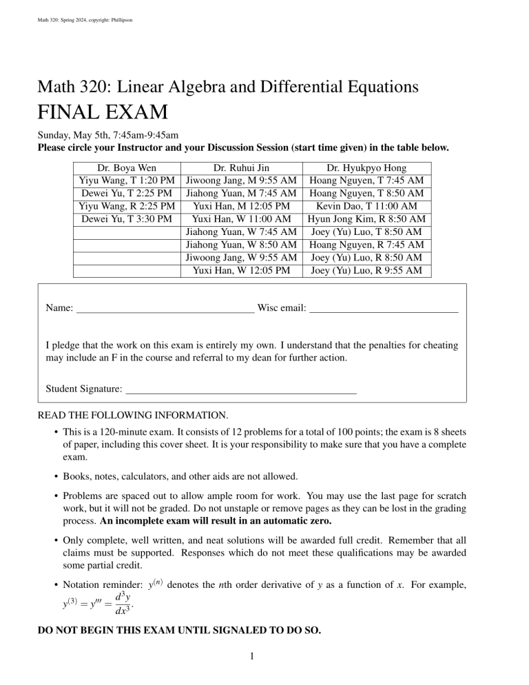 Math 320 Final Exam: Linear Algebra and Differential Equations