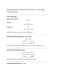 Expected Value Variance Moments Formula Sheet