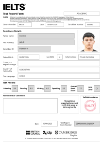 IELTS Academic Test Report Form - Jasur Uzakov