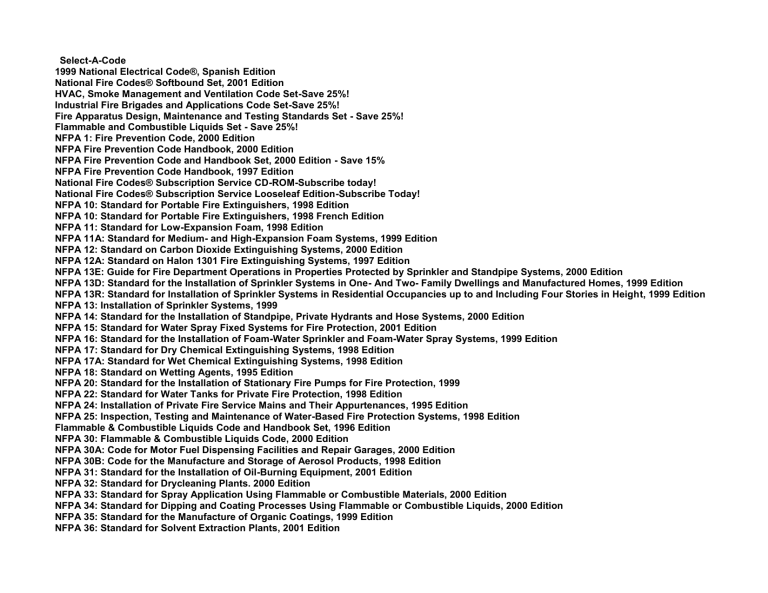 Fire Protection Code NFPA Fire Safety Codes and Standards Catalog 2001