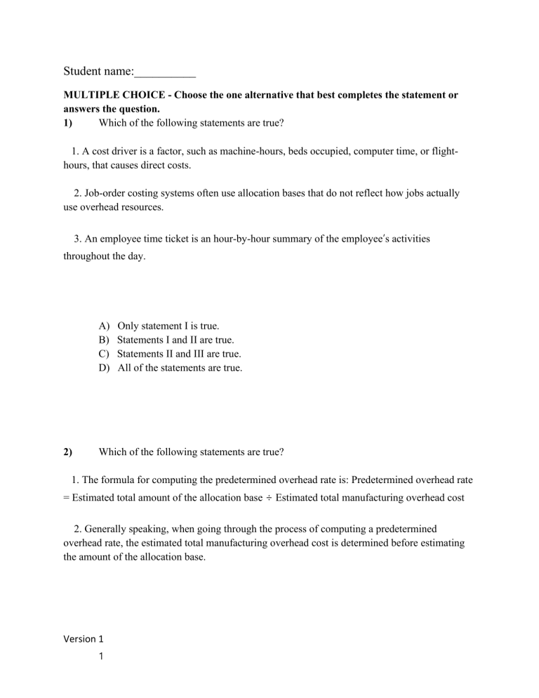 Cost Accounting Multiple Choice Test