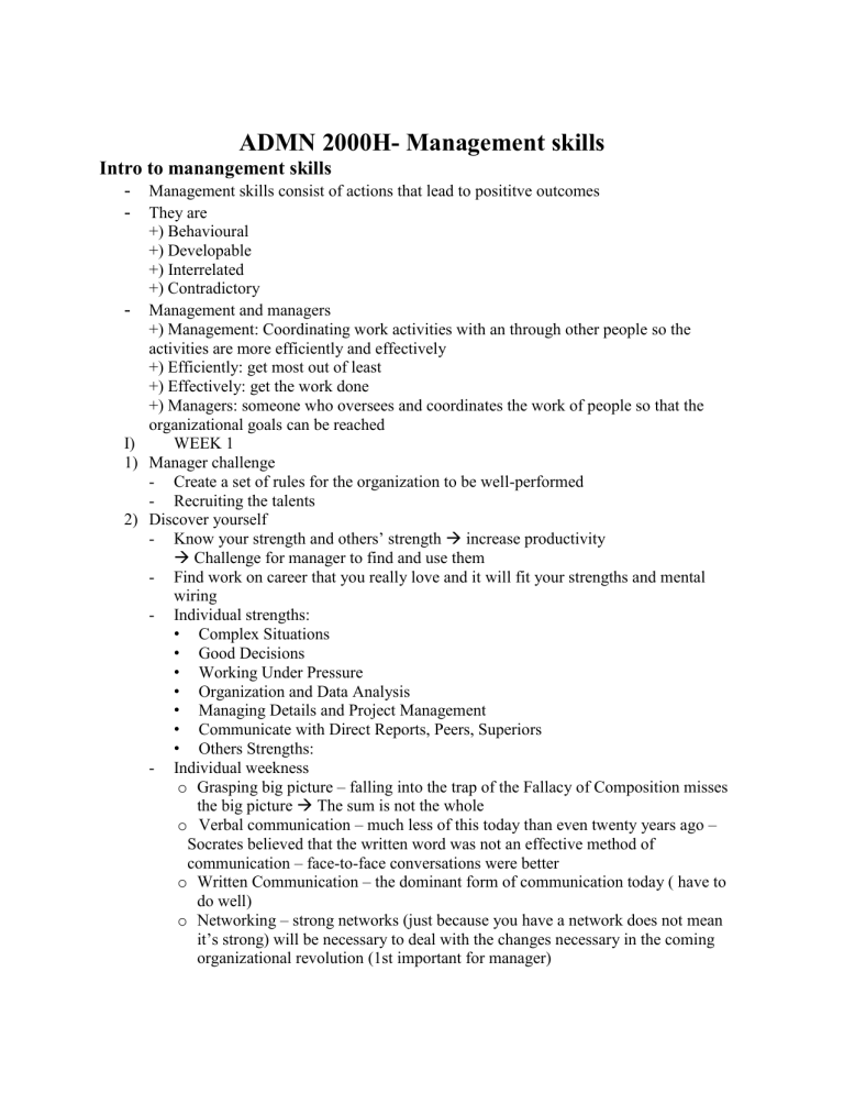 ADMN 2000H Management Skills Lecture Notes