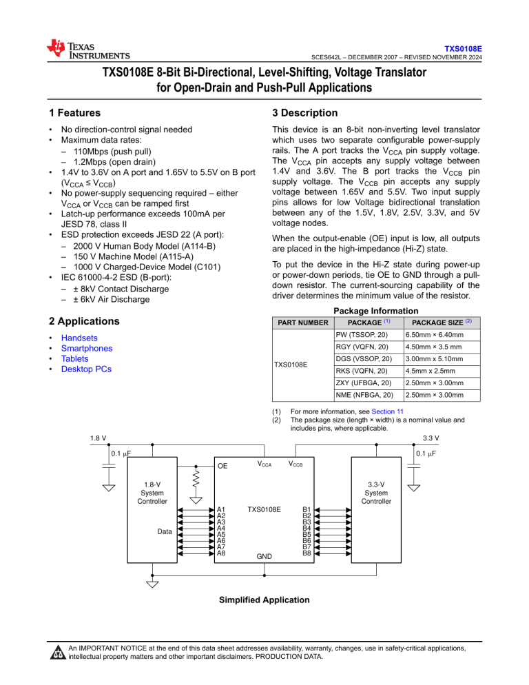TXS0108E Voltage Translator Datasheet