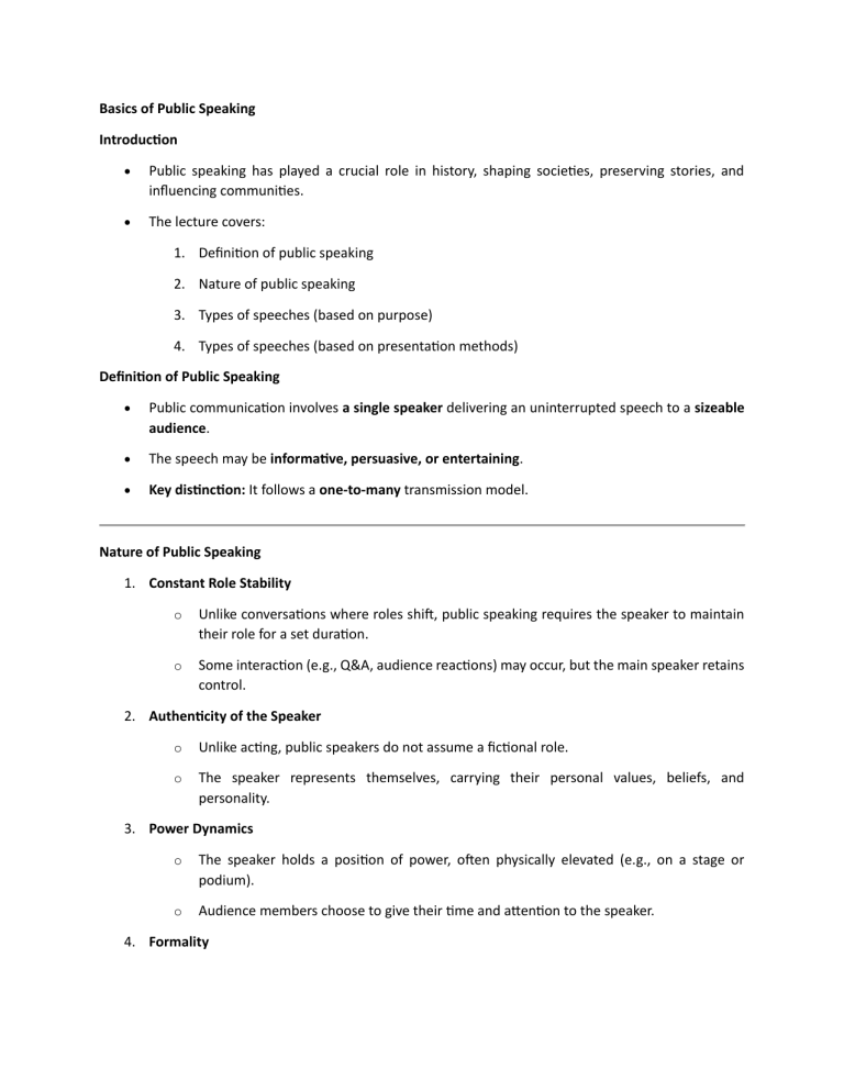 Basics of Public Speaking: Lecture Notes
