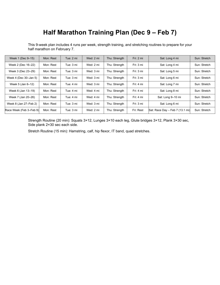 Half Marathon Training Plan (9 Weeks)