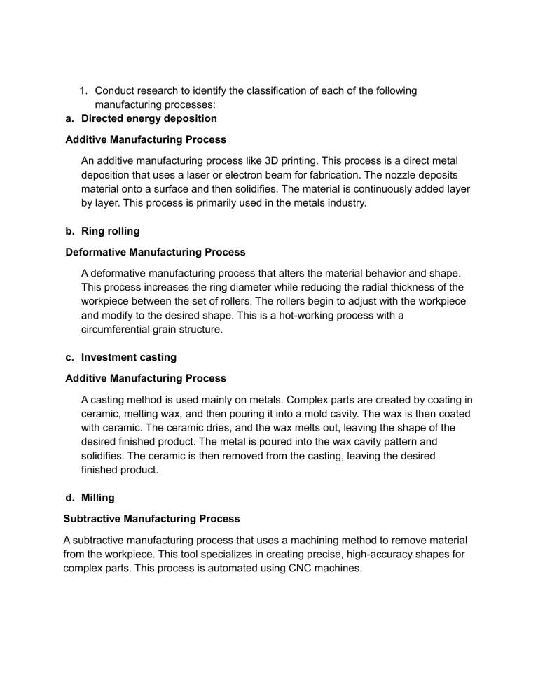 Manufacturing Processes Classification and Materials Science