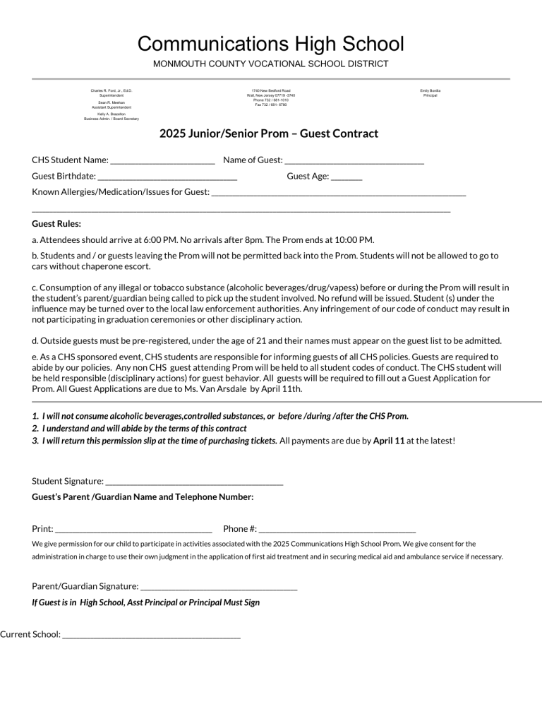 Prom Consent Form 2025 High School Prom Guest Contract Form