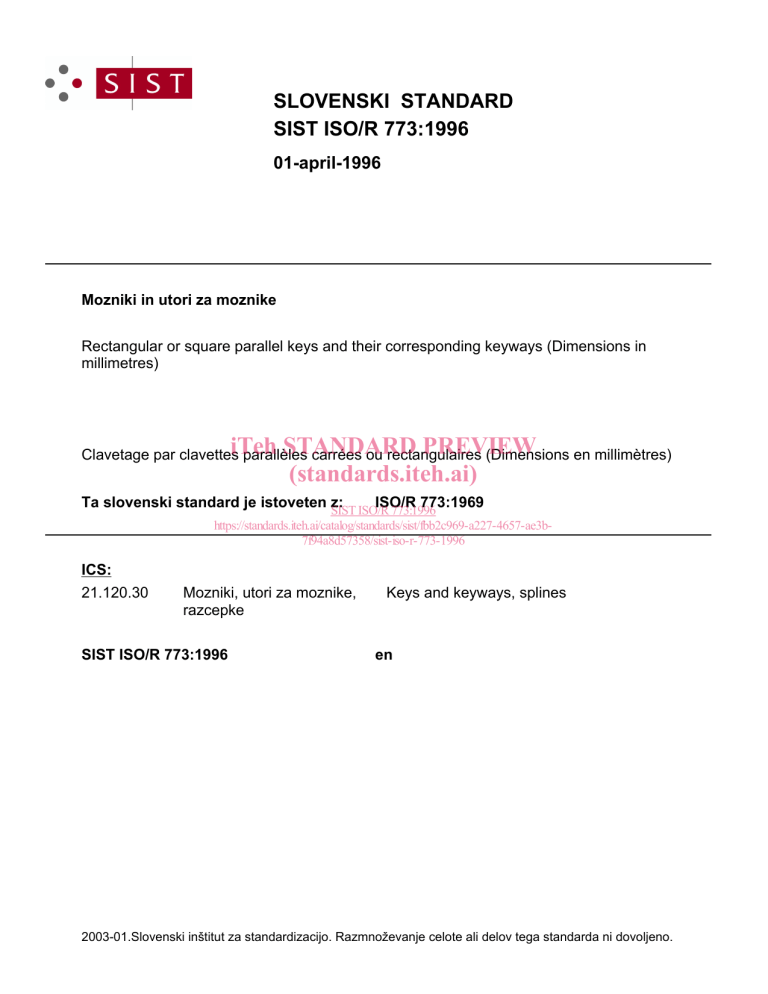 ISO/R 773:1996 Rectangular Square Parallel Keys Keyways Dimensions