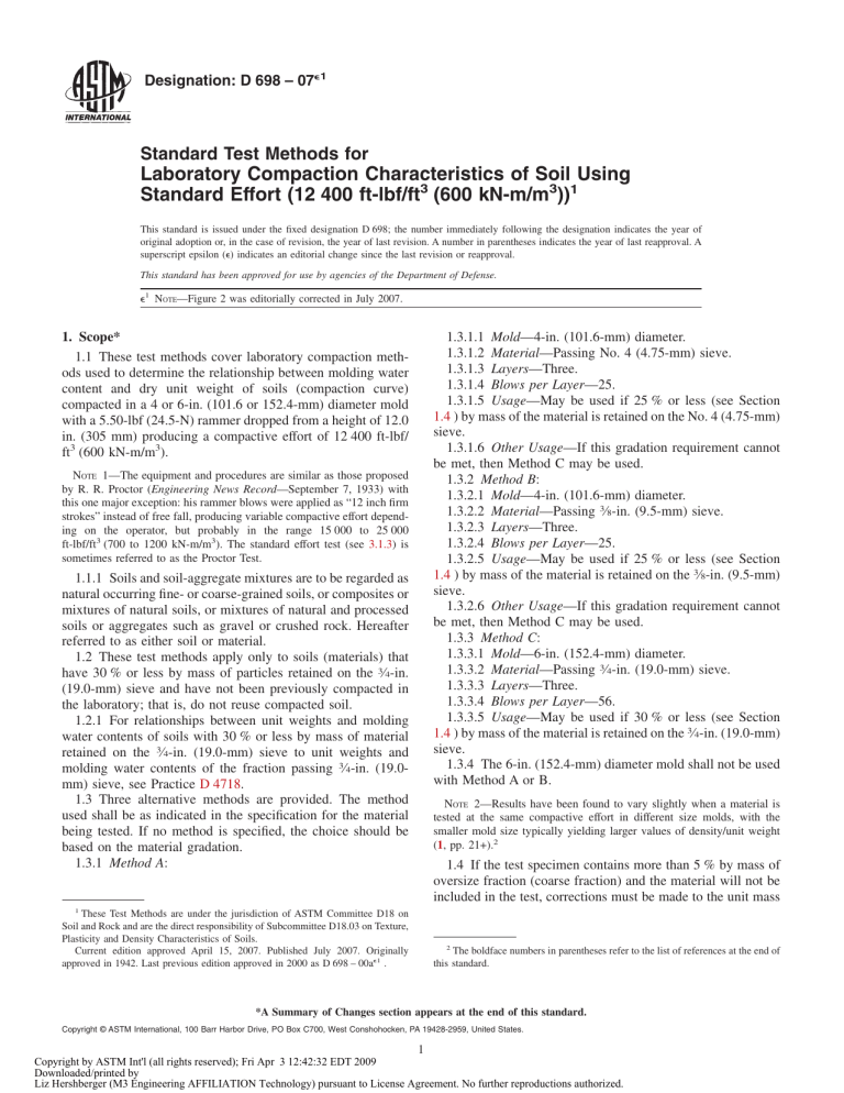 ASTM D 698 Soil Compaction Test Methods