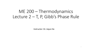ME 200 Thermodynamics Lecture 2: T, P, Gibb's Phase Rule