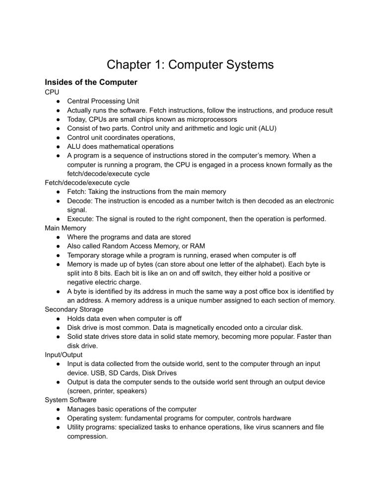 Chapter 1: Computer Systems - CPU, Memory, Storage