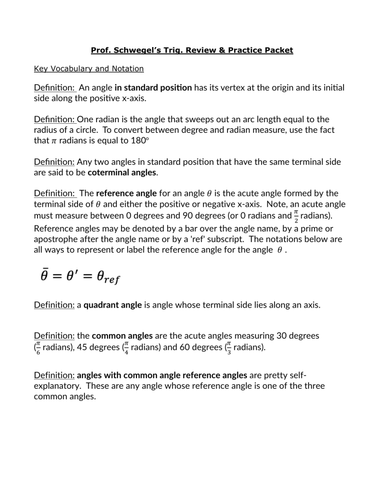 Prof. Schwegel's Trig Review & Practice Packet