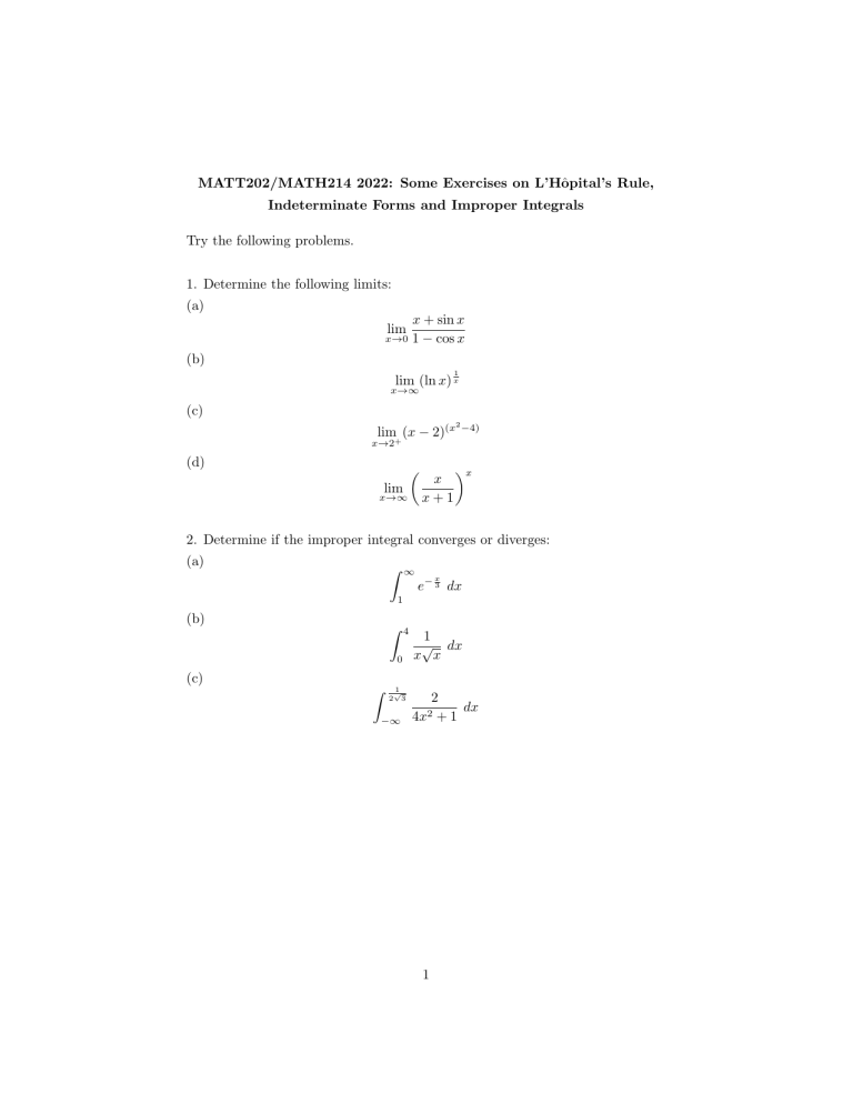 Calculus Exercises: L'Hôpital's Rule & Improper Integrals