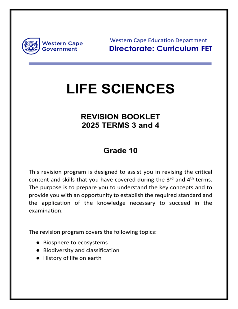 Grade 10 Life Sciences Revision Booklet 2025 Terms 3-4