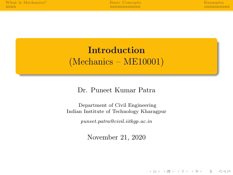 Introduction to Mechanics - ME10001 Lecture Notes