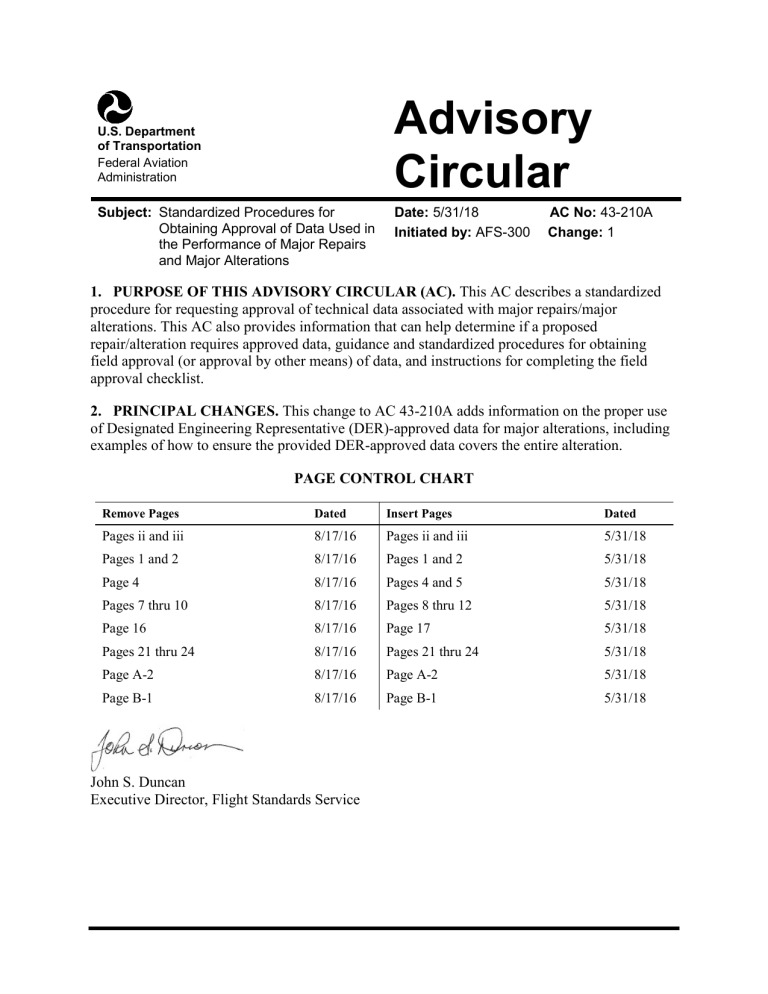 FAA Advisory Circular 43-210A: Major Repair & Alteration Data Approval