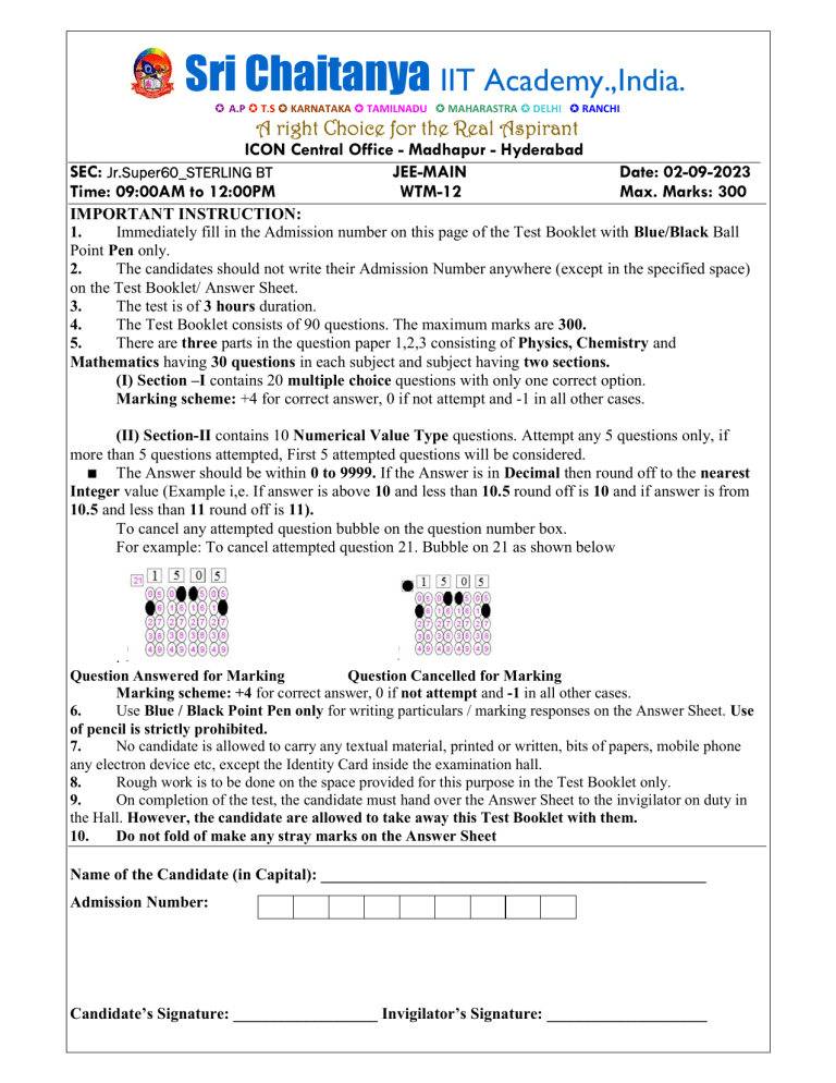 JEE-MAIN WTM-12 Test Paper Sri Chaitanya IIT Academy