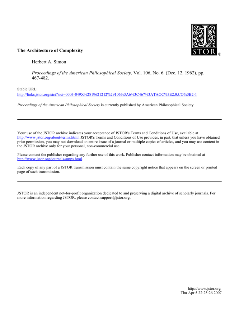 The Architecture of Complexity: Hierarchic Systems in Complex Systems