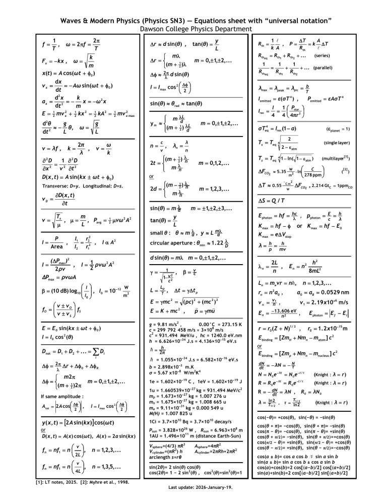 Physics Equations Sheet: Waves & Modern Physics
