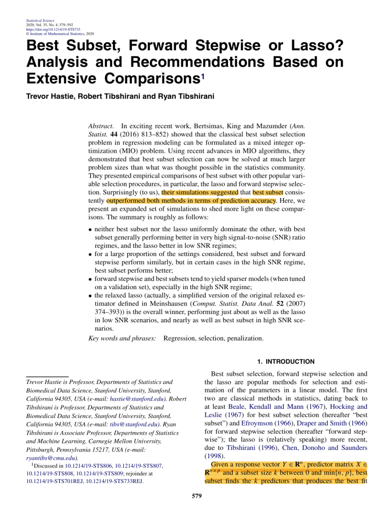 Forward Stepwise Best Subset, Forward Stepwise, or Lasso? Statistical Comparison