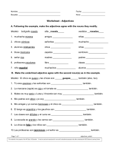Hoja de trabajo de adjetivos en espa&ntilde;ol