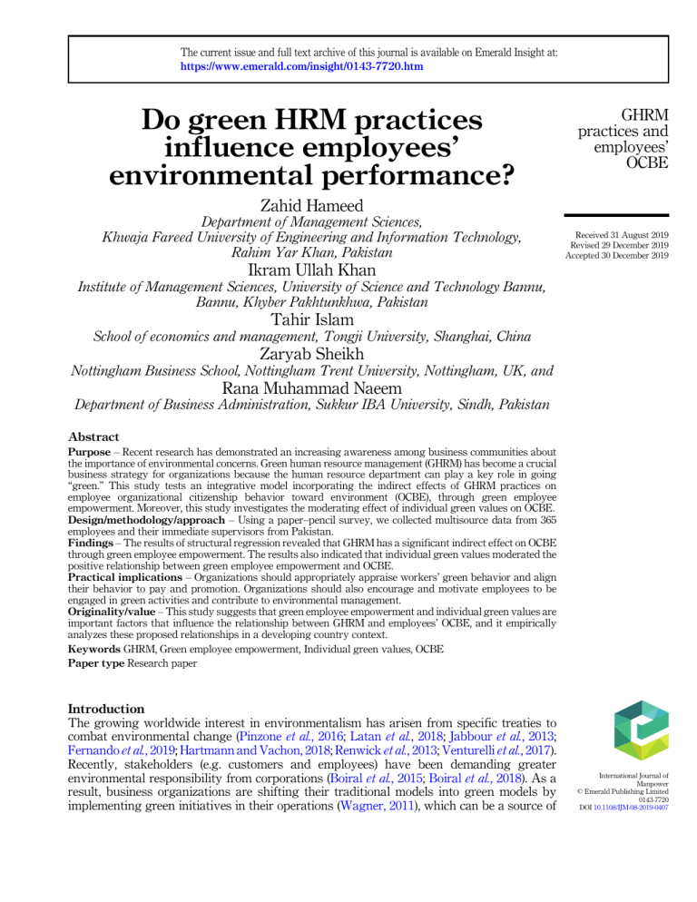 Green HRM Practices and Employees’ Environmental Performance