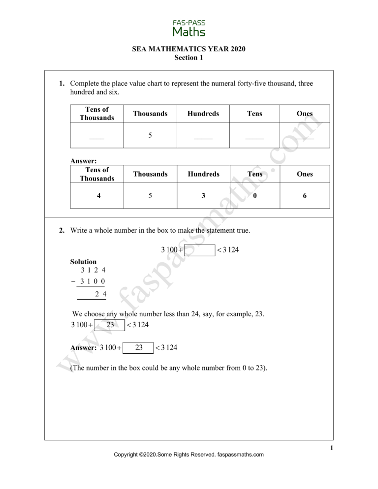 SEA Mathematics 2020 Section 1 Exam Paper