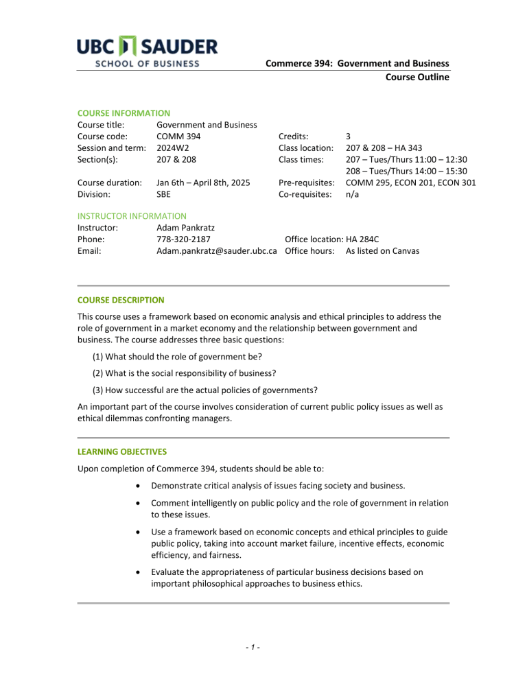Commerce Course Outline Commerce 394: Government and Business Course Outline