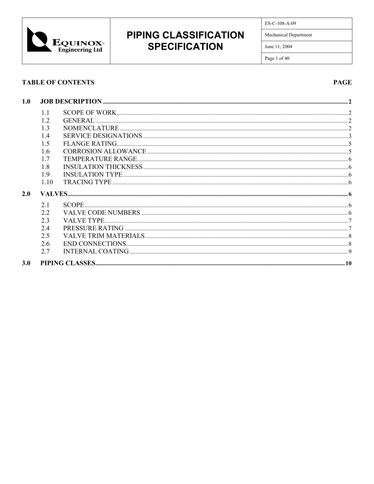 Piping Classification Specification