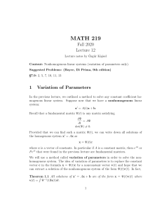 MATH 219 Lecture 12: Variation of Parameters for Nonhomogeneous Linear Systems