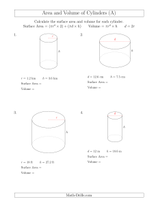 Area and Volume of Cylinders Worksheet