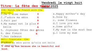 French Mother's Day Worksheet: Vocabulary Matching & Translation
