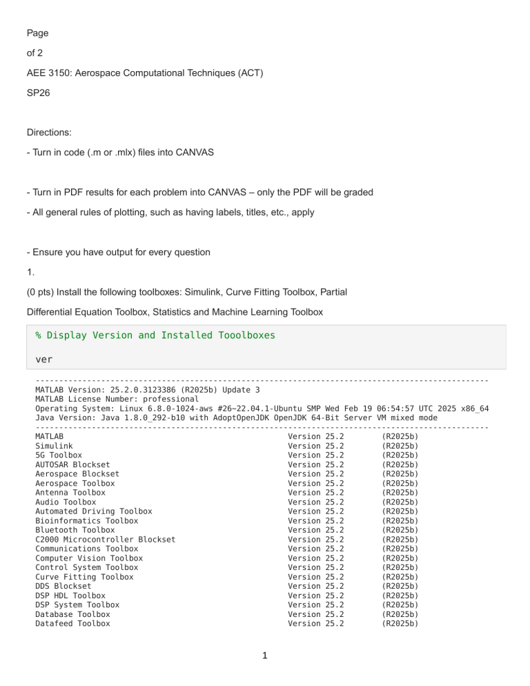 AEE 3150 Aerospace Computational Techniques Homework SP26