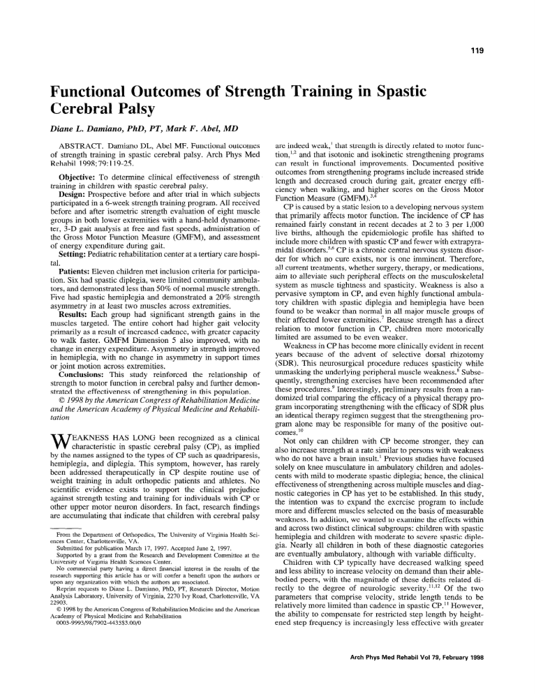 Functional Outcomes of Strength Training in Spastic Cerebral Palsy
