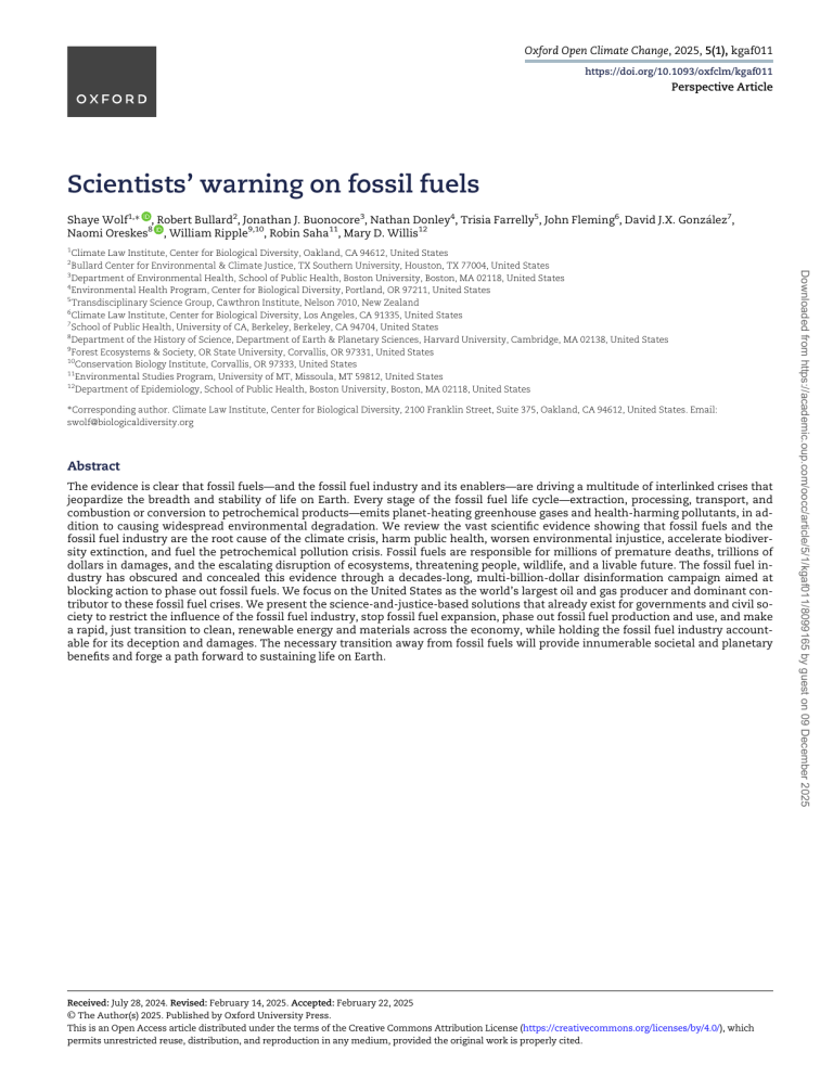 Scientists’ Warning on Fossil Fuels | Oxford Open Climate Change