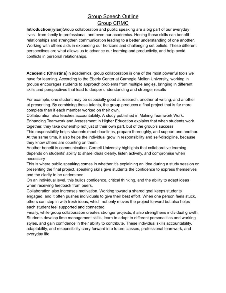 Group Speech Outline: Collaboration & Public Speaking