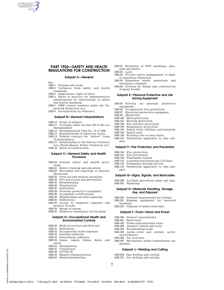OSHA 1926 Construction Safety Regulations