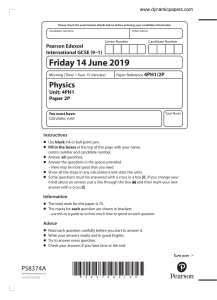 2019 Pearson Edexcel IGCSE Physics Paper 2P Exam