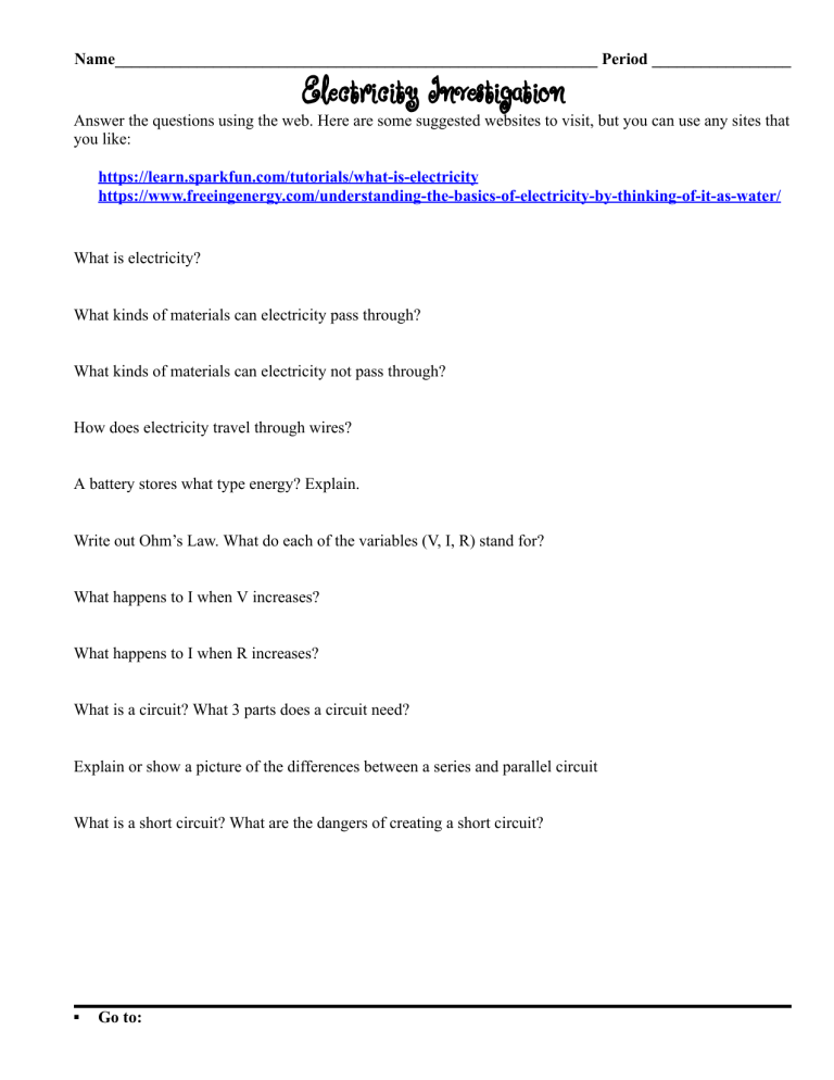 Electricity Investigation Worksheet