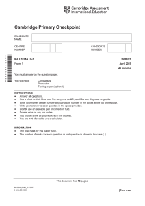 Cambridge Primary Checkpoint Mathematics Paper 1 April 2025