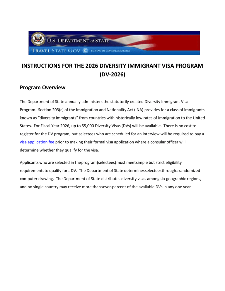DV-2026 Diversity Immigrant Visa Program Instructions