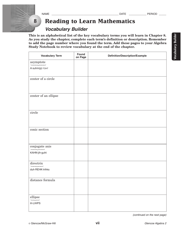 Algebra 2 Chapter 8 Vocabulary Builder