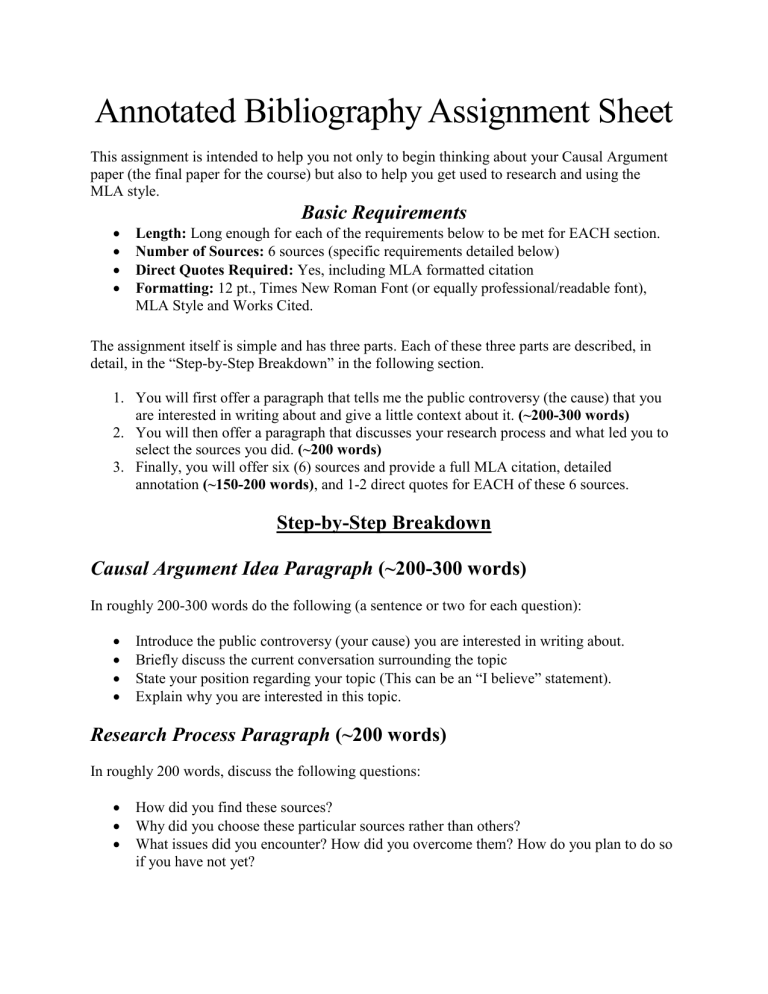 Annotated Bibliography Assignment Sheet