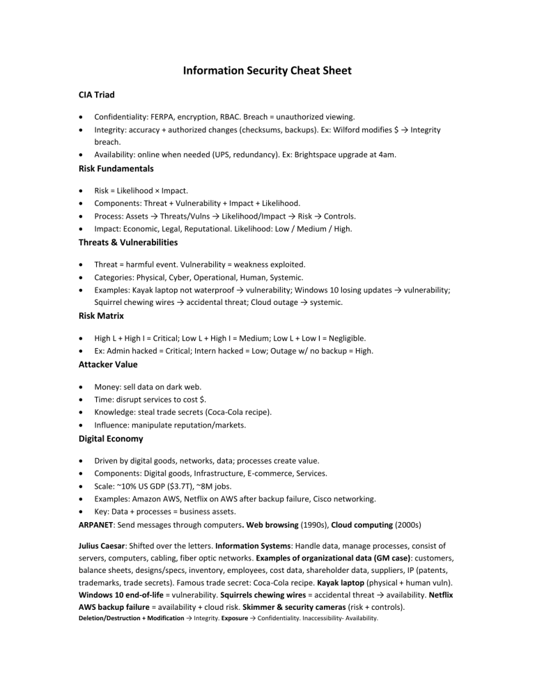 Information Security Cheat Sheet: CIA Triad & Risk Fundamentals