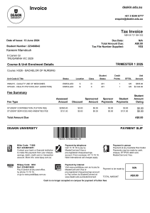 Deakin University Tax Invoice for Bachelor of Nursing Enrollment