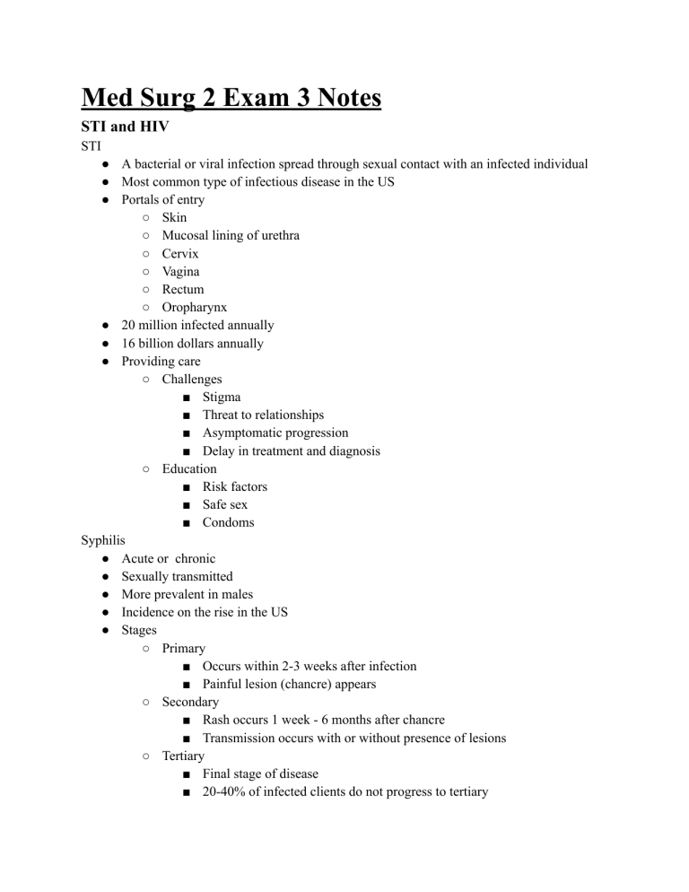 Sti Note Med Surg 2 Exam 3 Notes: STI and HIV