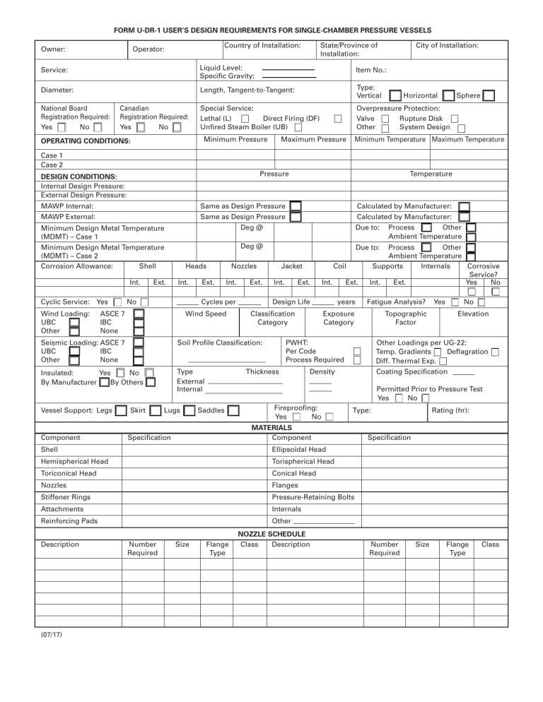 U-DR-1 Pressure Vessel Design Requirements Form